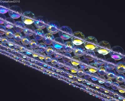 Half AB Angel Aura Crystal Quartz Gemstone Round Beads 4mm 6mm 8mm 10mm 15.5''