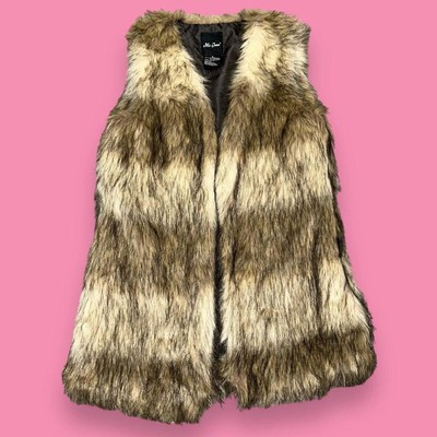 Me Jane Y2k Faux Fur Glam Striped Lined Cream and Brown Open Front Vest Size S