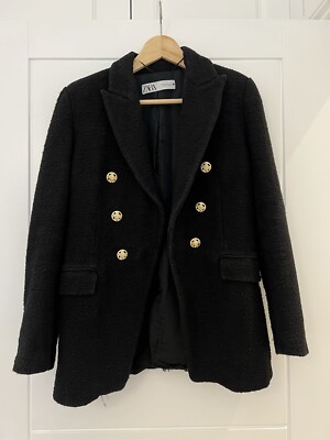 Zara Black Tweed Textured Blazer XS Gold Buttons RP £75 UK
