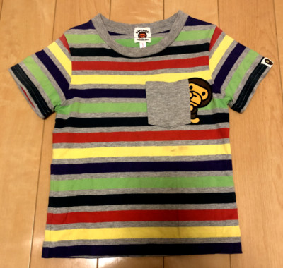 A BATHING APE BAPE Kids Short Sleeve T-Shirt 100 Striped Cotton approx. 3T-4T