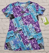 BIO Bring It On Multicolor Abstract Print Stretch Cotton Scrub Top WOMENS XS