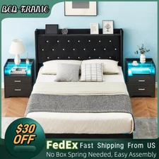 Full Queen Size Floating Bed Frame with LED Light Upholstered Storage Headboard