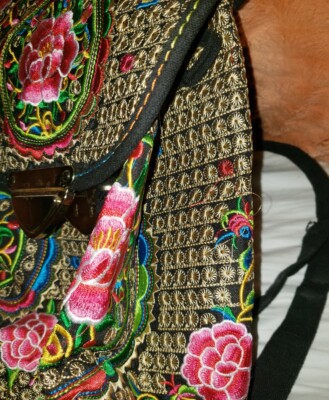 Woven Bohemian Embroidered Rose Backpack Black Trim  display picture 2