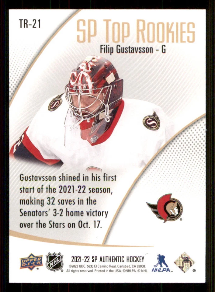 2021-22 SP Authentic Top Rookies #TR21 Filip Gustavsson - Image 2 of 2