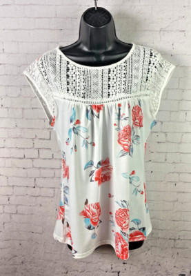 Etcyy Top Medium Women's White Blouse w/ Roses Lace Crochet Chest (AAO)