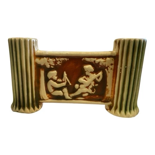 ROSEVILLE ☆ DONATELLO Green Ivory Double Bud Vase 8 Circa 1914 FREE SHIPPING