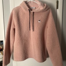 FILA Pink Sherpa Hoodie Logo Polyester Fleece Womens sz L