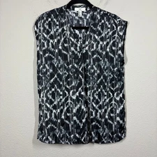 H Halston Small V Neck Shirt Blouse Medina Black Abstract Print Sleeveless