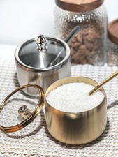 Stainless Steel 300ml Sugar Bowl with Glass & Lid Spoon For Coffee, Tea & Spices
