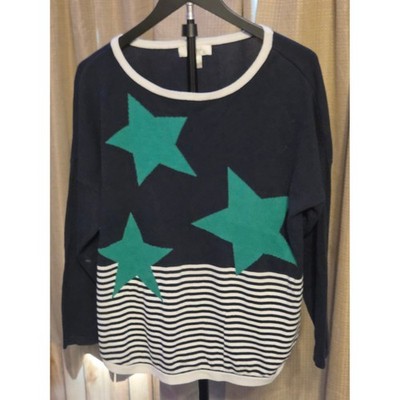 CJ Banks Long Sleeve Sweater Women's Size 1X Black White Green Stars Striped