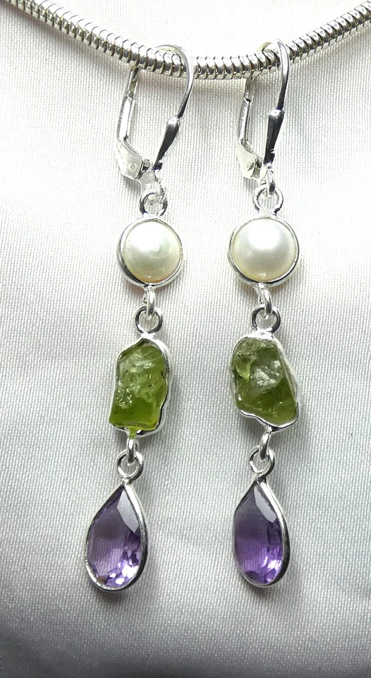 💫Ohrhänger 925 Silber Klappbrisur fac. Amethyst, Perle, Roh-Peridot UNIKAT💫 - Bild 3 von 4