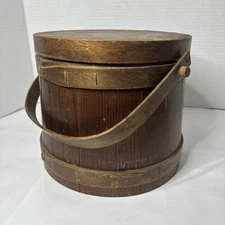 Antique Firkin Sugar Bucket 7” Tall With Lid Handle Farmhouse Cottage Primitive