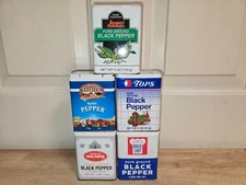 LOT OF 5  BLACK PEPPER TINS 4 OZS MAGIC CHEF TOPS JEWEL COLONIAL KITCHEN MALABAR