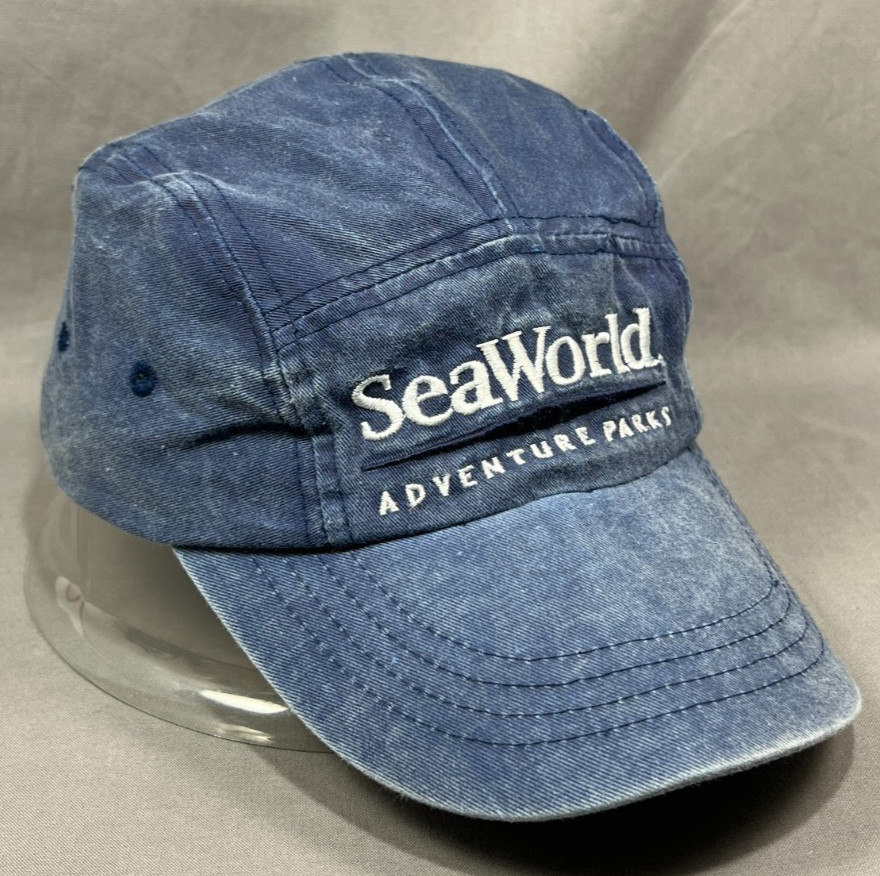 SeaWorld Adventure Park Strapback Hat Distressed Blue Denim 5 panel Dad Cap Mens