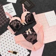 Lace Push Up Bra Brief Set Embroidery Deep V Underwire Lingerie 2PCS Set Fit