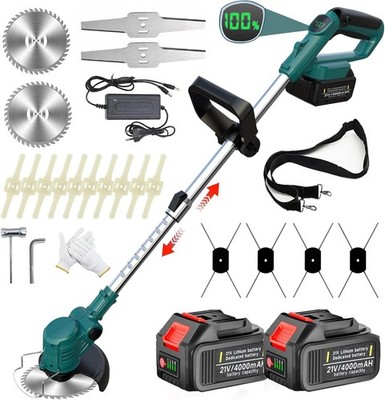 SUAIIOLK Akku-Rasentrimmer 4-in-1 mit 4 Klingen, 2x4 Ah Akkus, Teleskoparm, Blau