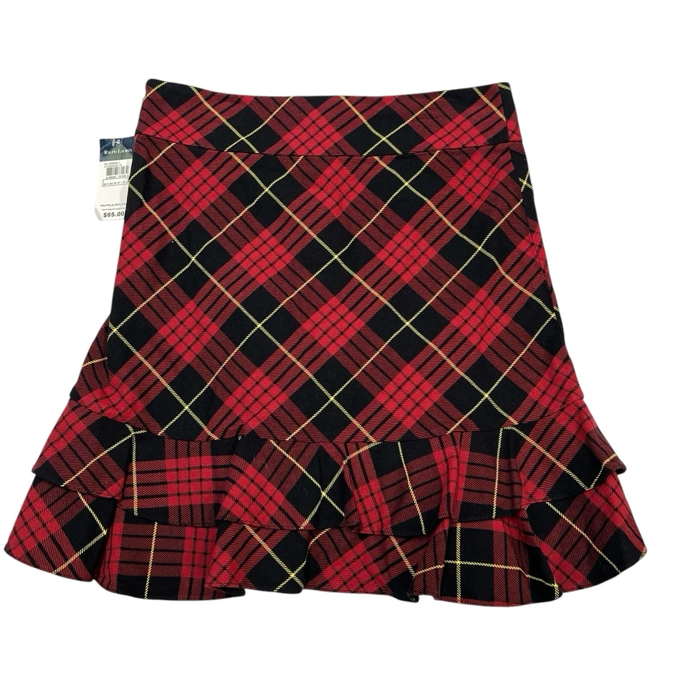 Falda Polo Ralph Lauren Niñas 16 Roja Negra Volantes a Cuadros Mini Años 90 Academia Preppy Foto 2 de 4