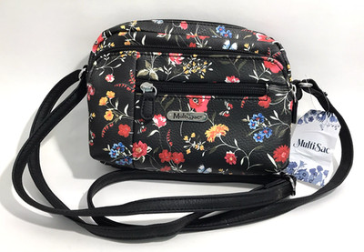 MultiSac Black Floral Crossbody Bag  Purse Bright Multicolored Flowers NWT