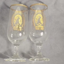 Vtg 10oz Coors Stemmed Pilsner Beer Glasses Goblets Gold Rimmed LOGO Set of 2