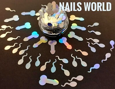 NAILS WORLD Silver Sperm Penis Dicks Nail Art Glitter Holographic 3D Sequins Manicure UK