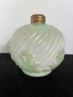 Antique white & green milk glass miniature oil lamp base swirl embossed leaf