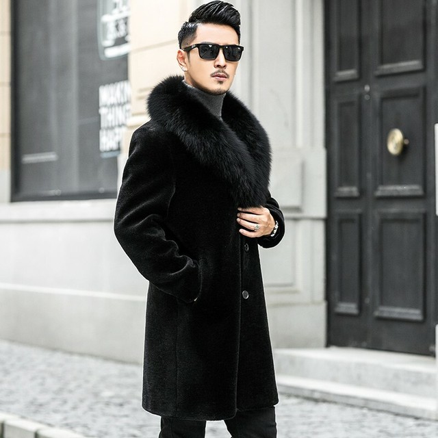 Faux Fur Collar Men's Long Black Winter Thicker Overcoat Outwear Jacket