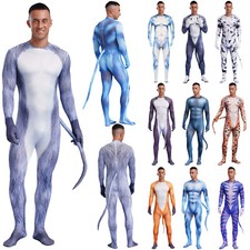Men's Spandex Full Body Zentai Costumet Muscle Animal Printed Jumpsuit With Tail