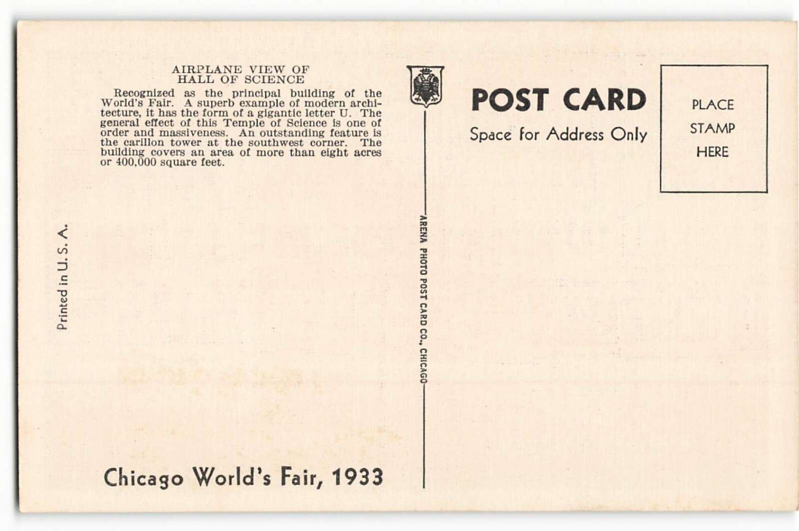 Postcard Chicago's World's Fair, 1933 - AIRPLANE VIEW HALL OF SCIENCE ...