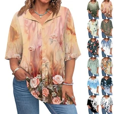 Shirts for Women Button Down Half Sleeve Loose Fit Floral Collared Casual Blouse
