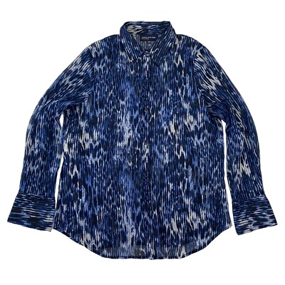 Jones New York Signature Blue Striped Animal Print Button Up Shirt Semi Sheer XL