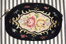 VTG EIN GERMANY PETIT POINT NEEDLEPOINT FLORAL ROSES PURSE POUCH BAG SATIN LINED