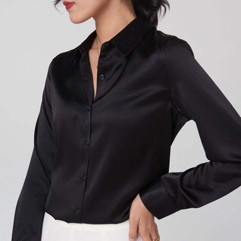 Pure Mulberry Silk Long Sleeve Button Down V Neck Workwear Blouse Top Shirts - Image 1 of 4