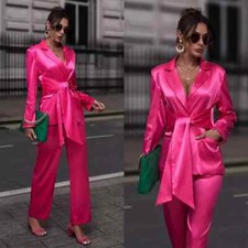 Pink Satin Silk Women Suits with Belt Office Ladies Jacket Pants Party Prom