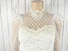 Vintage Jessica McClintock White Lace Peplum Polka Dot High Collar Wedding Dress