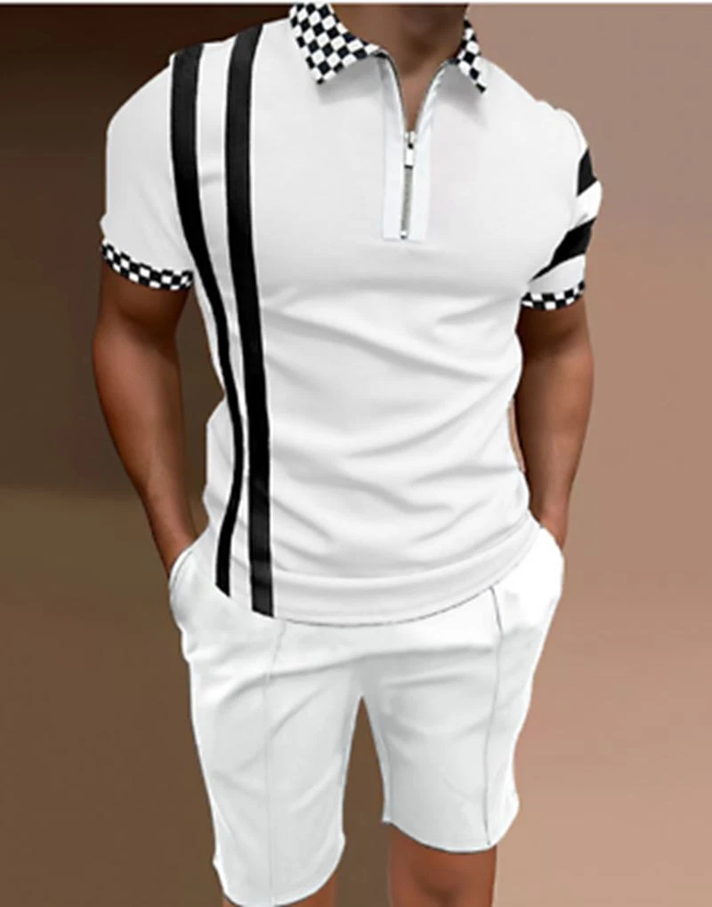 Polo Camiseta Hombre Cremallera Cuello Manga Corta 2 Tonos Tee & Pantalones Cort