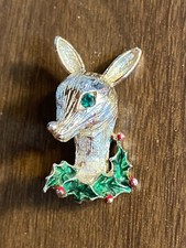 Vintage Gerry's Stylized Gold Tone Reindeer Green Eye Christmas Pin Brooch 1.5"