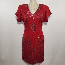 SCALA 1980s Women's Size M Red Floral Beaded Short Sleeve Cocktail Dress Event