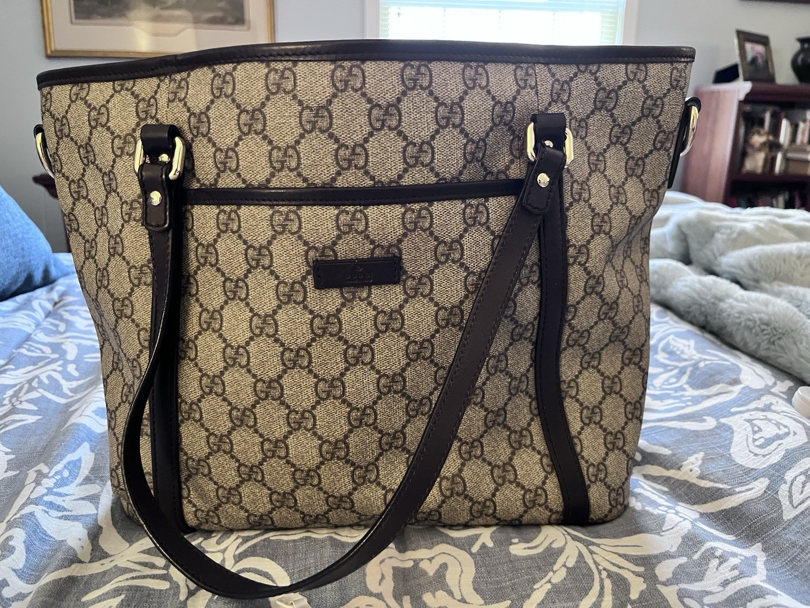 Gucci GG Supreme Monogram Tote Bag Brown Leather Trim with Dust Bag