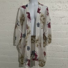 Ann Taylor Womens Cardigan One Size White Floral Sheer Kimono Jacket AX1