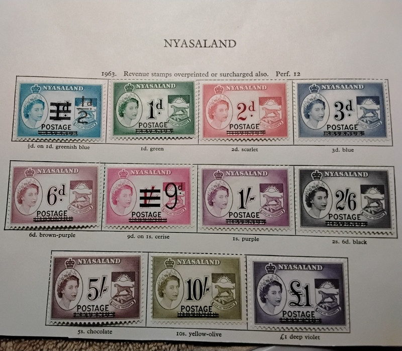 Nyasaland - QE2 Revenue Stamps.  w/overprints. Complete Set. Mint Hinged.