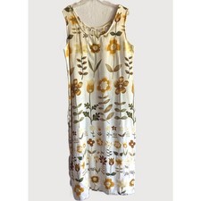 Linen Blend Natural Color Sleeveless Shift Dress Floral Botanical Print XL