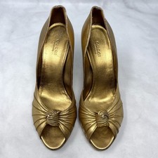 GUCCI Vintage Y2K Metallic Leather Knot Peep Toe Mid Height Pump Heels Gold 37.5