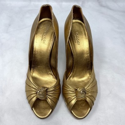 GUCCI Vintage Y2K Metallic Leather Knot Peep Toe Mid Height Pump Heels Gold 37.5