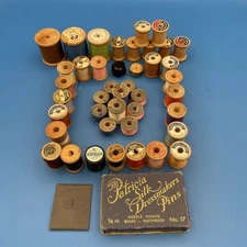 Vintage Wooden Sewing Silk Cotton Poly Thread Spools Pins Needles 40+ Spools