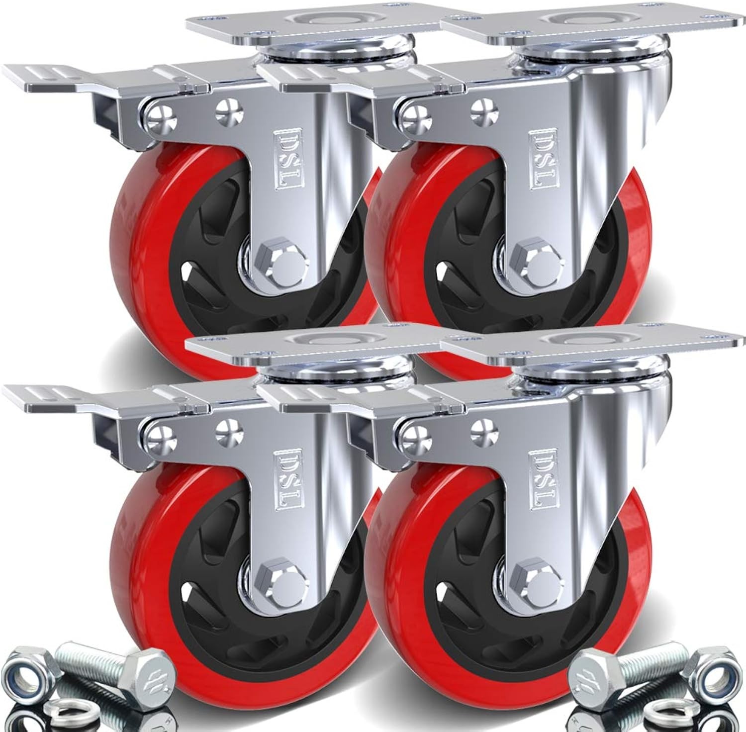 4x DSL 100mm Heavy Duty Double Bearing Braked Swivel Castor Wheels Trolley