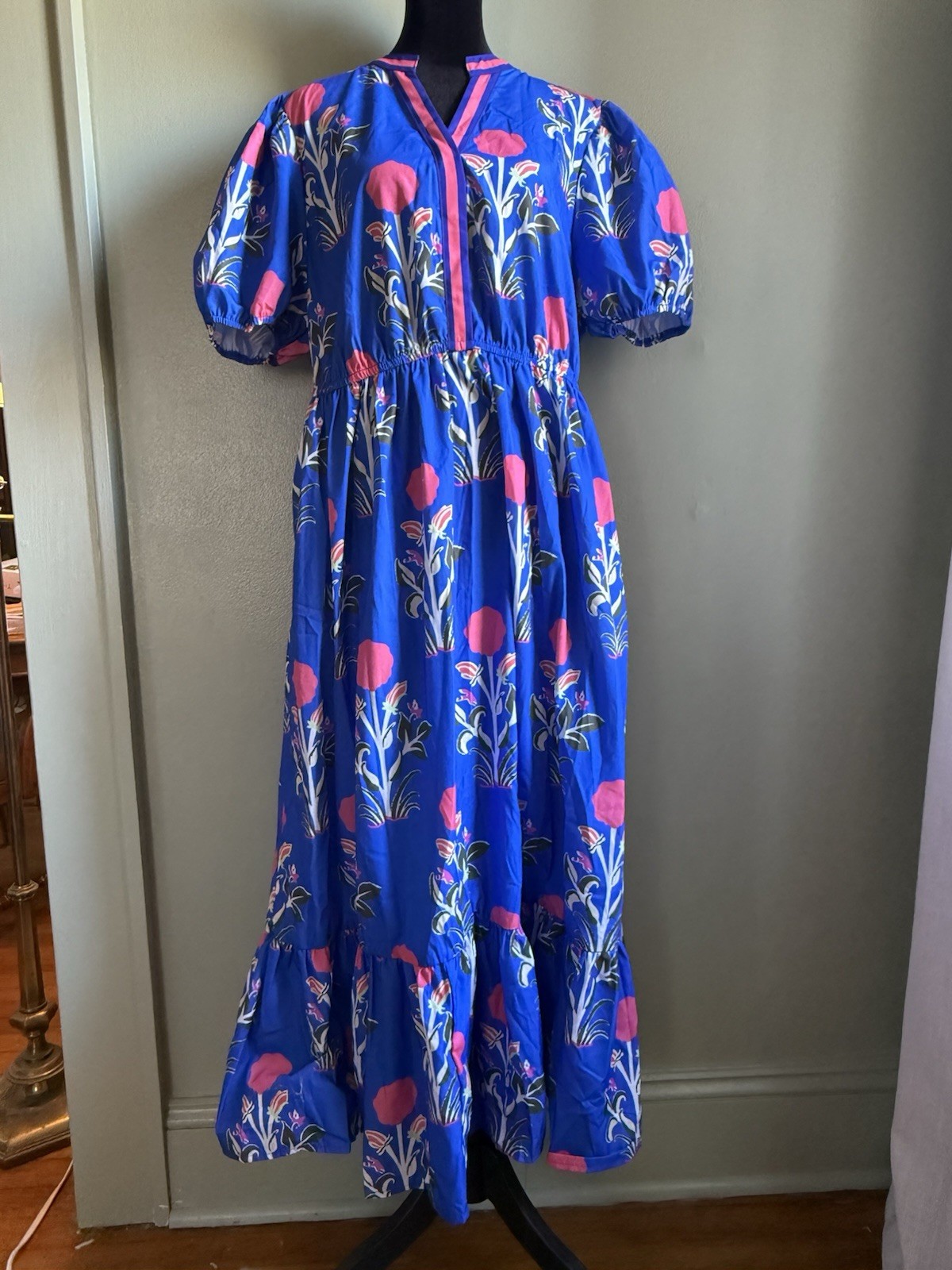 Cobalt Blue Floral Puff Sleeve High Waist Maxi Dress Ruffle Hem Size XL