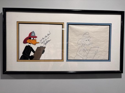 Daffy Duck Framed Animation Cel & Drawing Looney Tunes 1981 Signed by Mel Blanc