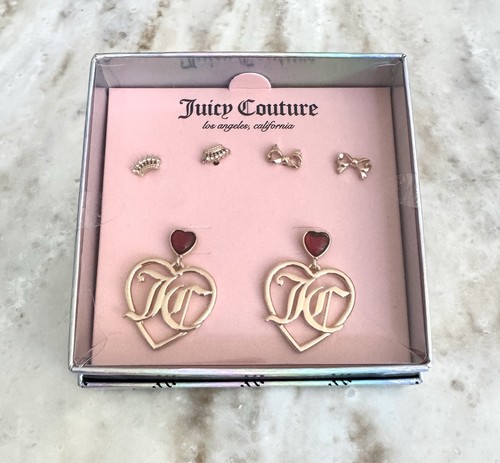 Juicy Couture Earrings Set of 3 Crown Bow JC Dangle Red Heart Rhinestone NEW
