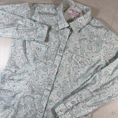 Panhandle Retro Western Shirt Womens L White Turquoise Paisley Print Pearl Snap