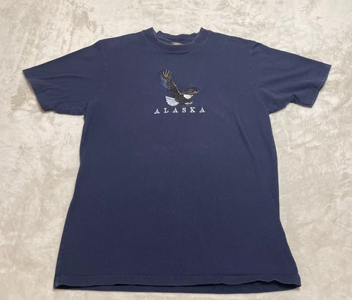 Alaska T Shirt Men's Large Blue Short Sleeve Embroidered Eagle Prairie Mountain - Picture 2 of 6